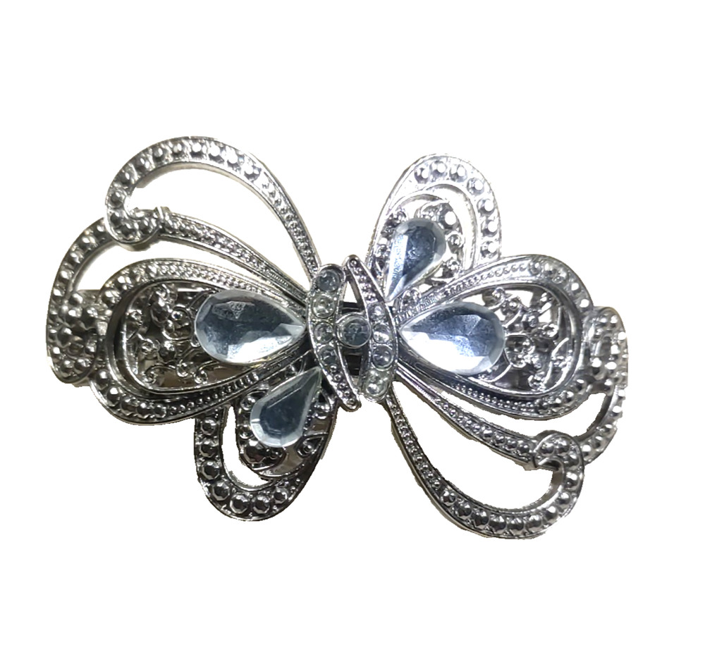 Hair Barrette Tension Clip Large Heavy Butterfly Silver Tone Rhinestone Fancy...
